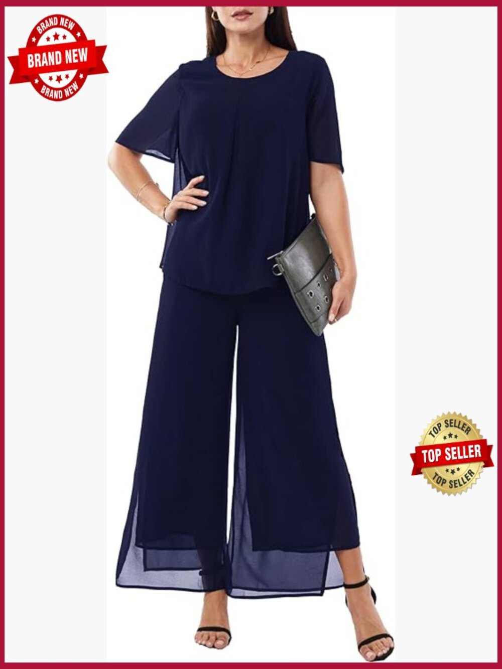 2 Piece Chiffon Suit Set Ruffle Layered Pantsuit Wedding Guest Dressy
